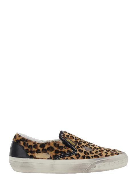 Golden Goose Women Brown Low Top Sneakers With Embossed Logo On The Heel And All-Over Leopard Motif 