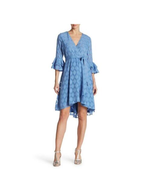 Other Designers Gabby Skye Dusty Blue Dress Bell Sleeve Tie Waist Wrap Above Knee SZ 12 NWT