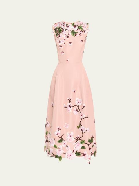Oscar de la Renta Cherry Blossom Embroidered Faille Sleeveless Cocktail Dress