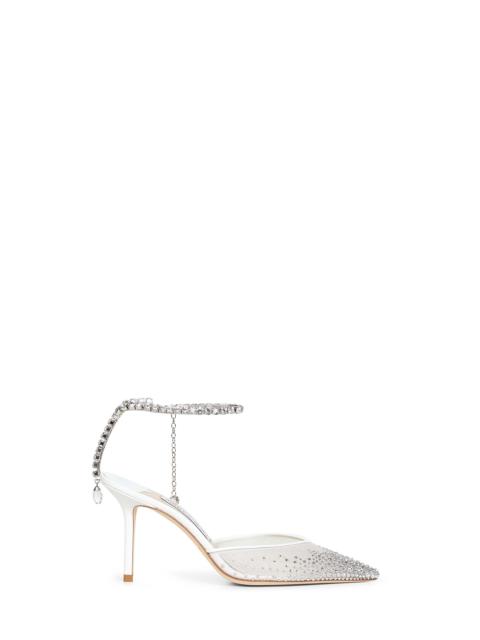 JIMMY CHOO White Saeda 85 crystal pumps