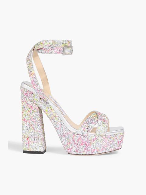 JIMMY CHOO Gaia glittered metallic leather platform sandals