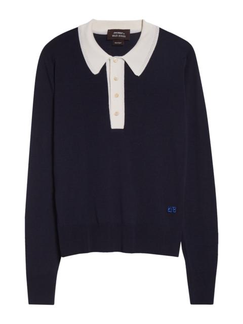WALES BONNER Wales Bonner x John Smedley Two-Tone Long Sleeve Merino Wool Polo Sweater in Navy /Ivory at Nordstro