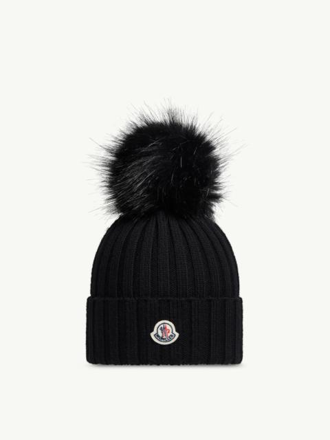 Moncler Wool Beanie with Faux Fur Pom Pom