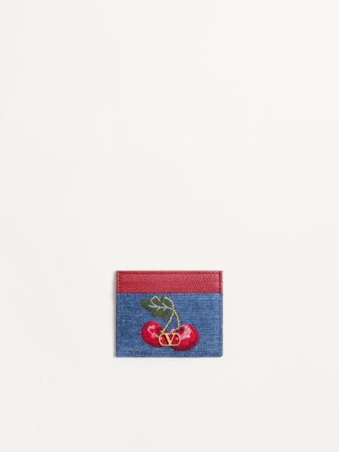 Valentino VLOGO SIGNATURE DENIM CARDHOLDER WITH CHERRYFIC EMBROIDERY