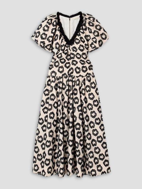 ULLA JOHNSON Violeta chiffon-trimmed ruched fil coupé recycled-faille midi dress