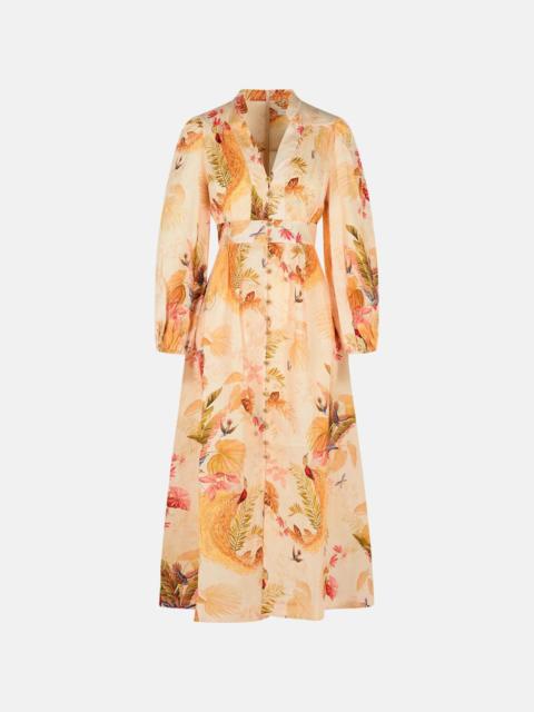 'PLUNGE' LOW-CUT LINEN DRESS IN 'CREAM PALM FLORAL' COLOR