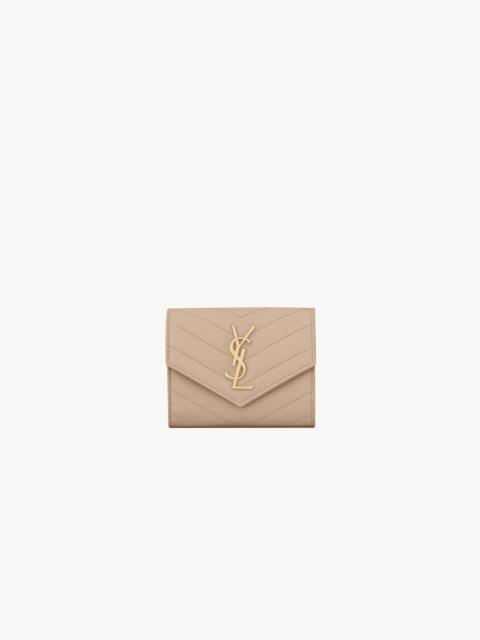 SAINT LAURENT CASSANDRE MATELASSÉ COMPACT TRI FOLD WALLET IN GRAIN DE POUDRE LEATHER