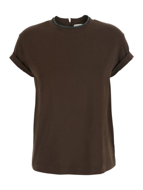 Brunello Cucinelli Brunello Cucinelli Women Brown Crew Neck T-Shirt With Monil Detail On The Collar In Cotton For Men