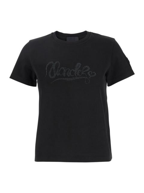 Moncler Women Black T-Shirt With Logo Embroidered On The Front In Cotton Woman