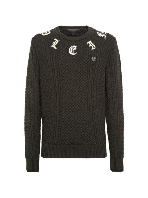 logo-appliquÃ© cable-knit jumper