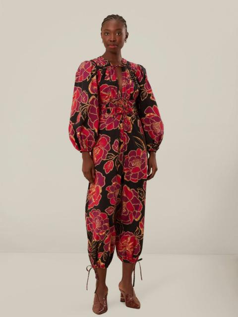 FARM RIO Black Shiny Chita Long Sleeve V Neckline Jumpsuit