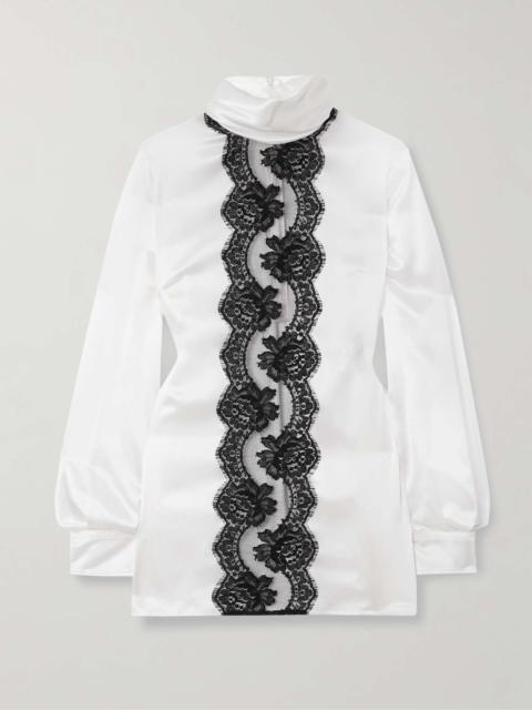 Lace-trimmed silk-blend satin turtleneck blouse White