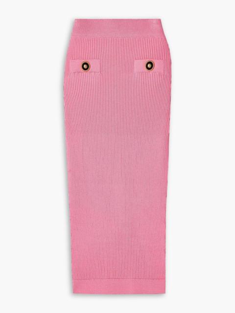 Balmain Button-embellished ribbed-knit midi skirt