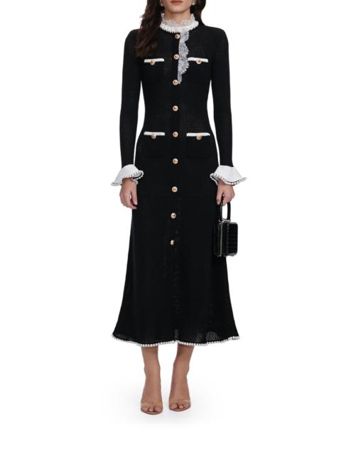 self-portrait BLACK LACE TRIM KNIT MIDI DRESS