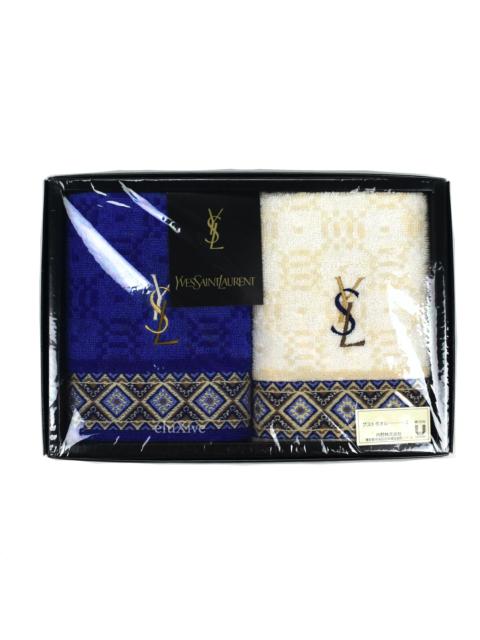 SAINT LAURENT Yves Saint Laurent Ivory/Blue Set of 2 YSL Logo Hand Towels