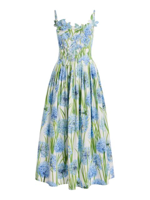 Oscar de la Renta Allium-Printed Embroidered Cotton-Poplin Midi Dress white