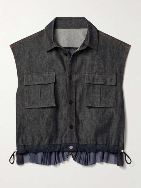 Denim and pleated crepe de chine vest Blue
