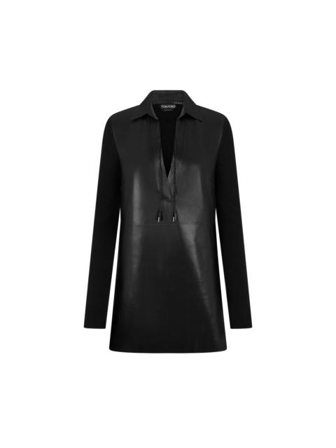 TOM FORD LEATHER AND WOOL BLEND KNIT POLO MINI DRESS