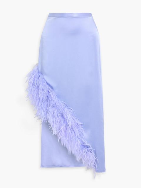 LAPOINTE Feather-trimmed satin-crepe midi skirt