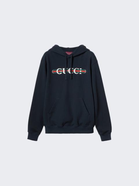 GUCCI Printed Cotton Jersey Hooded Sweatshirt Dark Blue