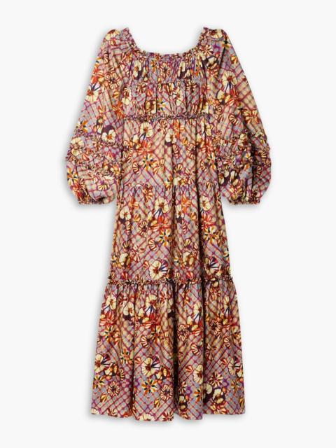 ULLA JOHNSON Anastasia lace-up printed silk-habotai midi dress