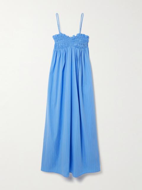 FAITHFULL Presa Shirred Ruffled Pinstriped Organic Cotton-poplin Maxi Dress