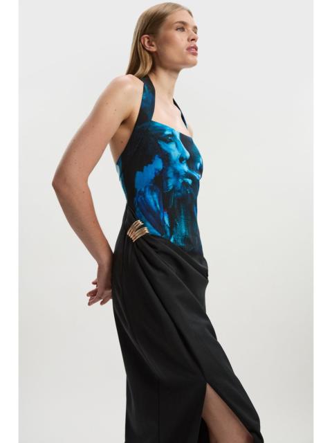 KAREN MILLEN Lily Macrae Polished Tailored Print Halter Neck Gathered Midi Dress