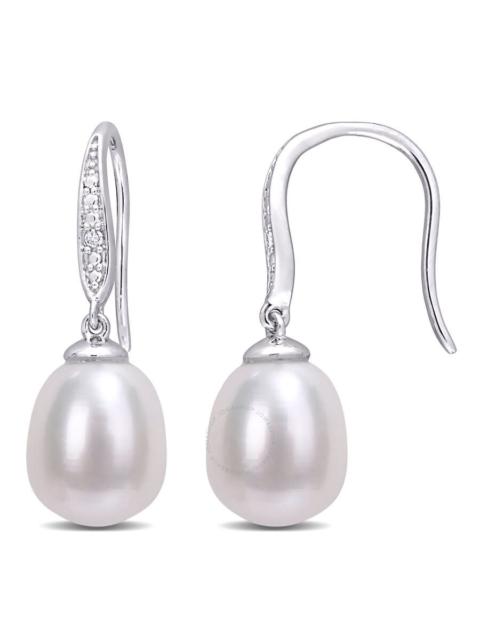 Other Designers AMOUR 8.5-9mm Freshwater Cultured Pearl and Diamond Accent Shepherd Hook Earrings In Sterling Silver