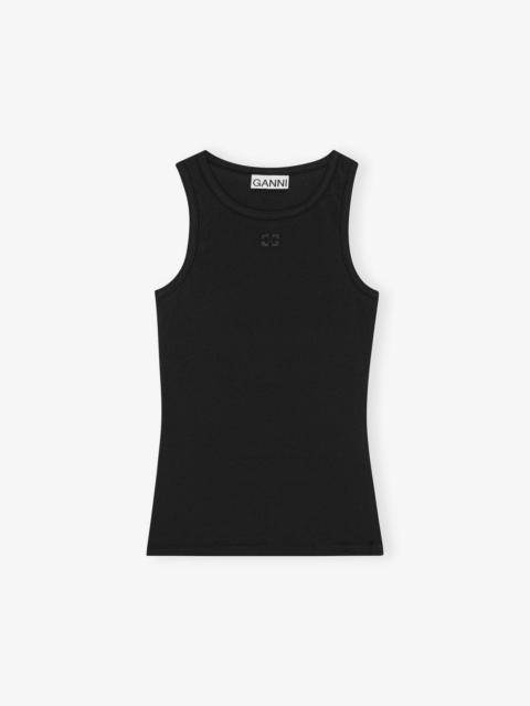 GANNI BLACK SOFT COTTON RIB TANK TOP