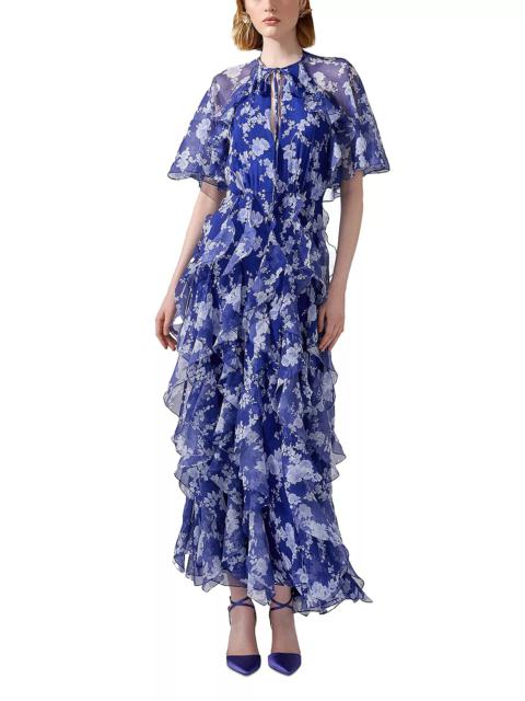 Silk Short Sleeve Tie Cape Ruffle Dress