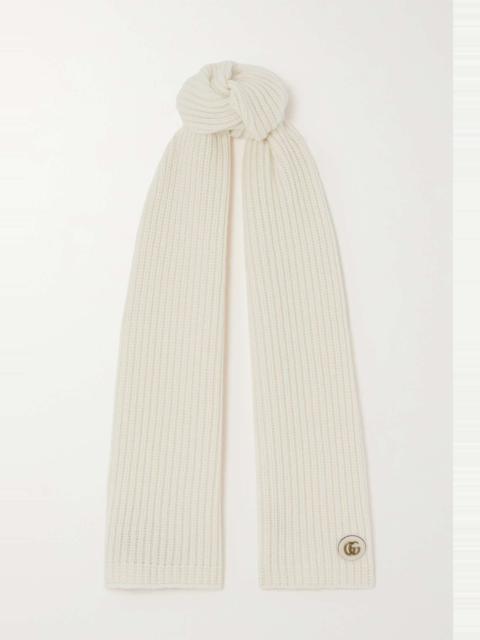 Embellished leather-trimmed ribbed wool and cashmere-blend scarf