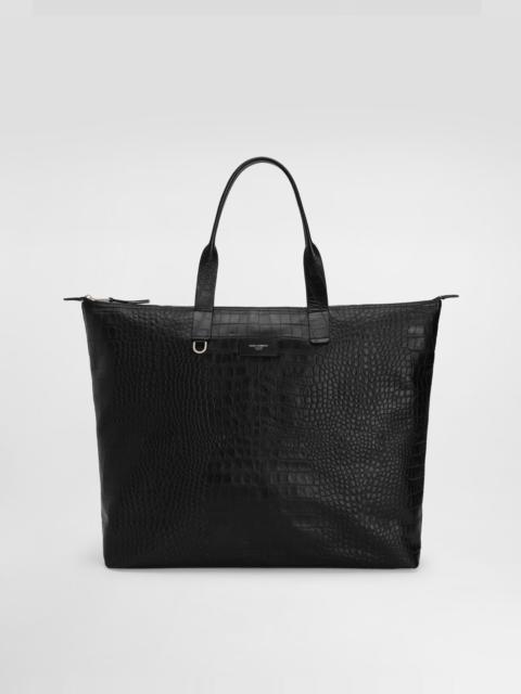 Large crocodile-print calfskin shopper