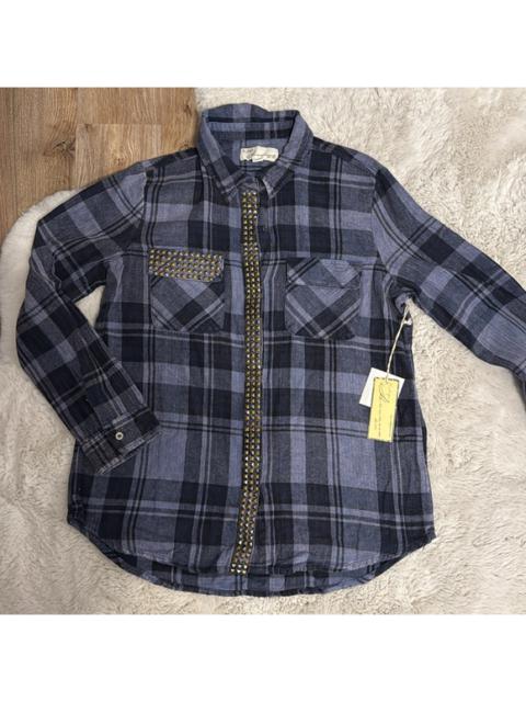 Other Designers Vintage Havana Distressed Pyramid Stud Grommet Detail Plaid Flannel Shirt