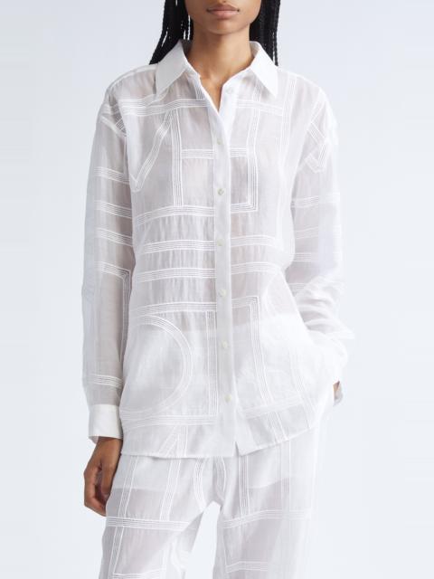 TOTEME TOTEME Embroidered Organic Cotton & Silk Monogram Oversize Button-Up Shirt in White at Nordstrom