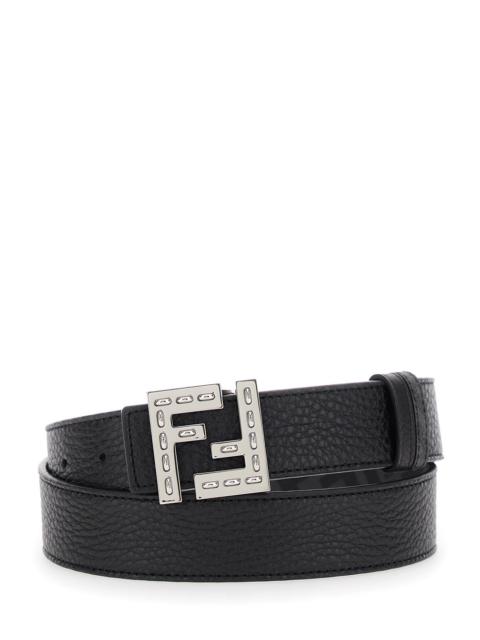 FENDI Fendi Men Belt With Ff Logo Plate In Metallic And Black Grained Leather For Men