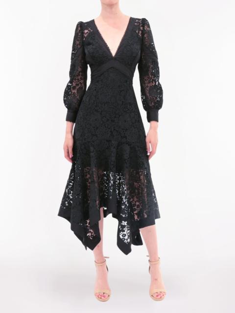 Marchesa LACE GUIPURE HANDKERCHIEF MIDI DRESS