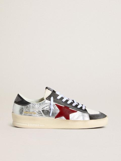 Golden Goose Men’s Stardan in laminated silver nylon with burgundy suede star