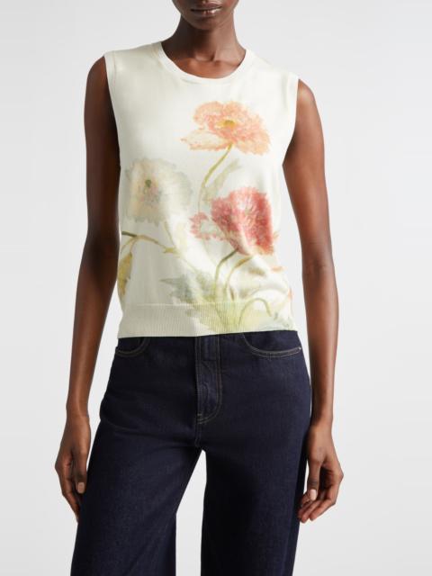 CAROLINA HERRERA Carolina Herrera Poppy Print Silk & Cotton Sweater Tank in Almond Multi at Nordstrom