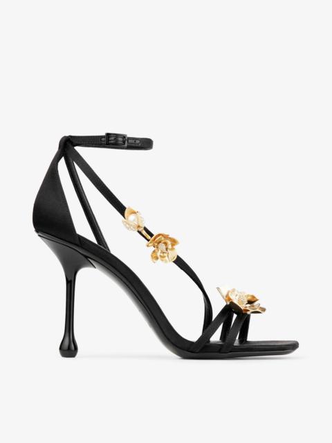 JIMMY CHOO Zea 95
Black Satin Sandals with Metal Flowers