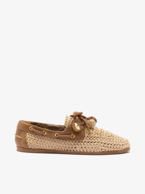 Larroudé Cyprus Crochet Boat Shoe In Natural Crochet and Russet Leather