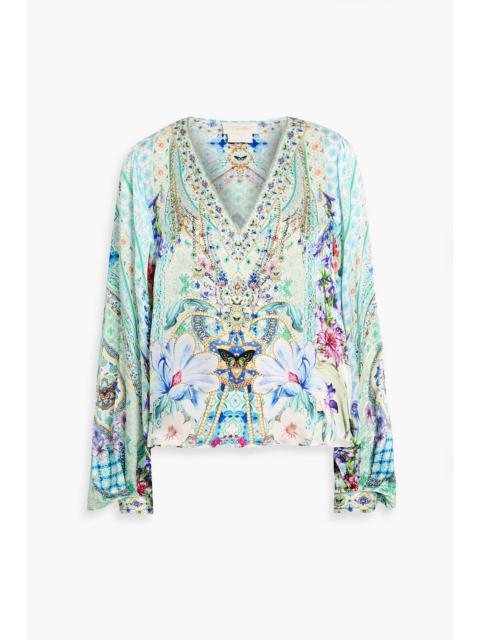 CAMILLA Crystal-embellished floral-print silk crepe de chine blouse