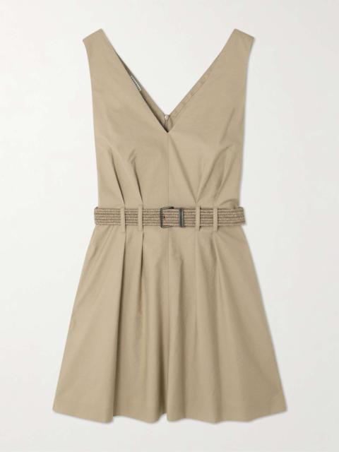 Belted cotton-blend twill mini dress Tan