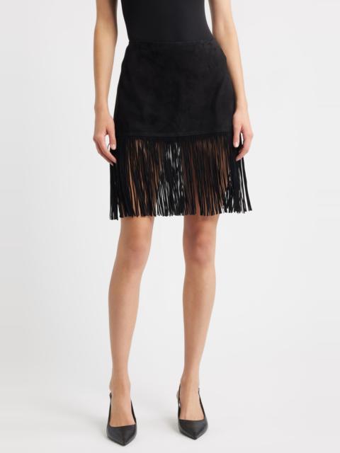 FRAME FRAME The Saddle Fringe Trim Suede Skirt in Black at Nordstrom