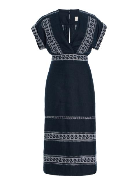 SILVIA TCHERASSI Ady Embroidered Linen-Blend Midi Dress navy