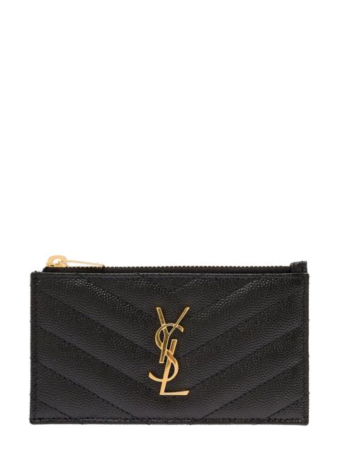 Saint Laurent Women 'Cassandre' Black Embossed Card Holder With Zip And Logo In Leather Woman Saint 