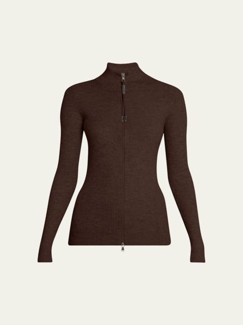 Brunello Cucinelli Ribbed Long-Sleeve Monili Zip-Up Top