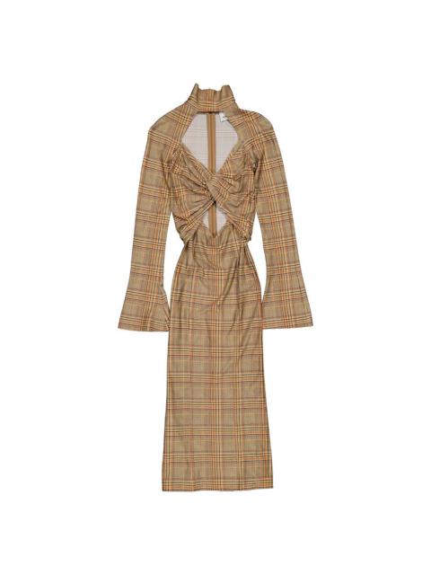 Burberry Burberry Ladies Dark Honey Cut-Out Checked Midi Dress