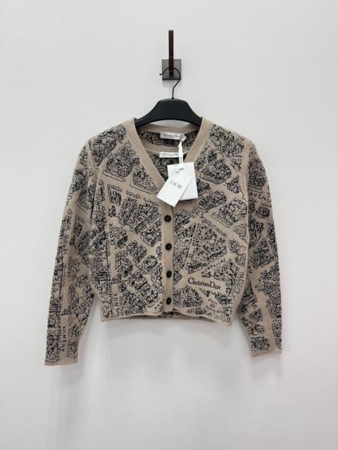 Dior Dior FW23 Paris Map Beige Wool Cable Knit V-Neck Long Sleeve Cardigan