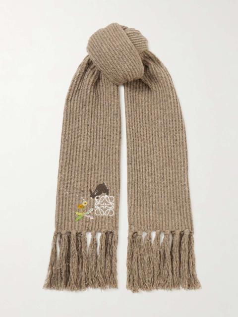 Fringed embroidered ribbed wool-blend scarf Beige