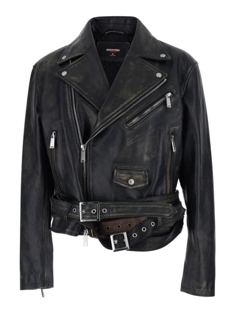 DSQUARED2 Dsquared2 Men 'D2 X Magliano' Black Biker Jacket With Wide Classic Lapels And Logoed Belt At The Wai
